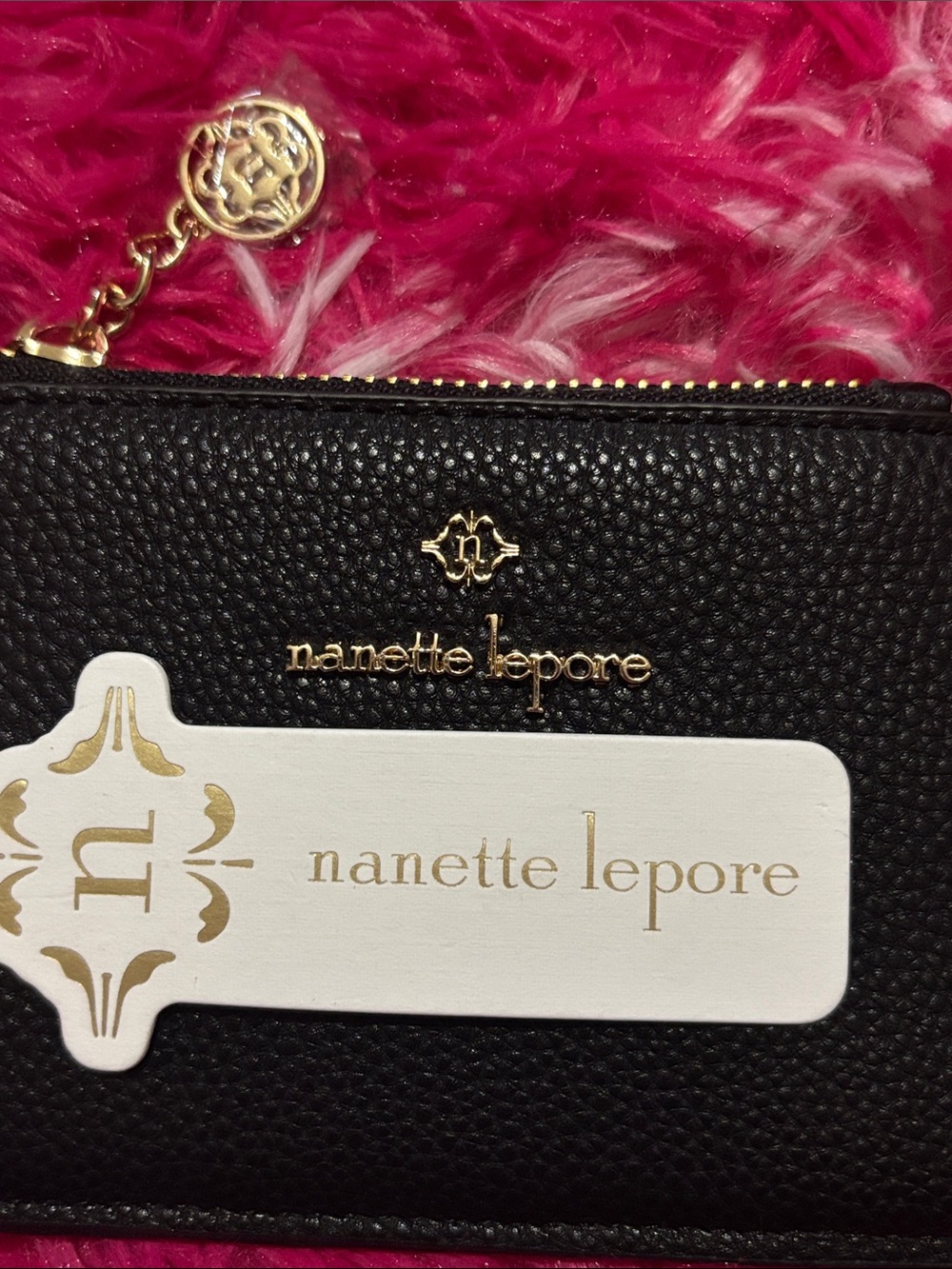 Nanette Lepore Black Pebbled Leather Wristlet Card Holder with Gold Logo nwt - Picture 2 of 7